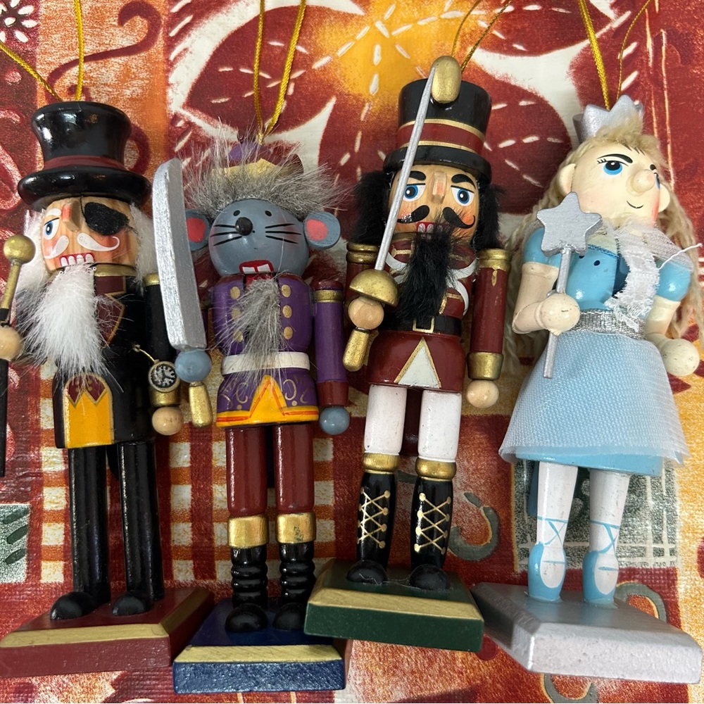 Nut Cracker ballet 4 wooden ornaments w/ lever soldier Clara Mouse soldier 5"